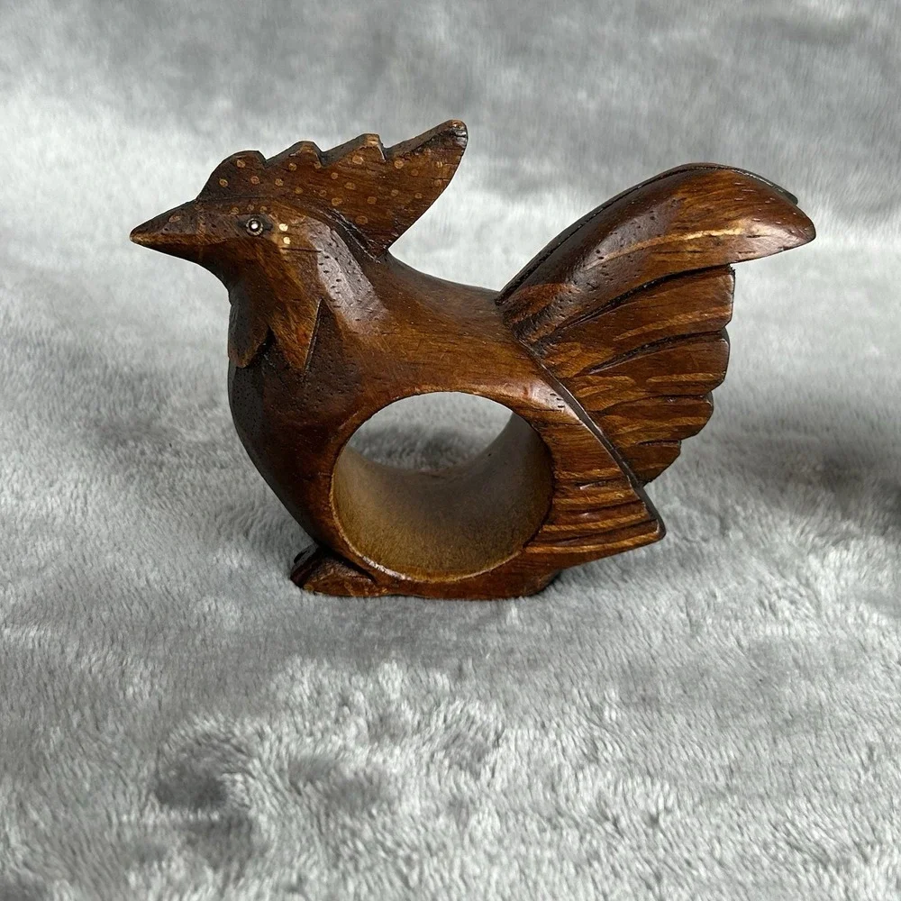 Carved Wooden Napkin Rings Set Of 5 Chicken Rooster Hand Made Vintage Dark Wood